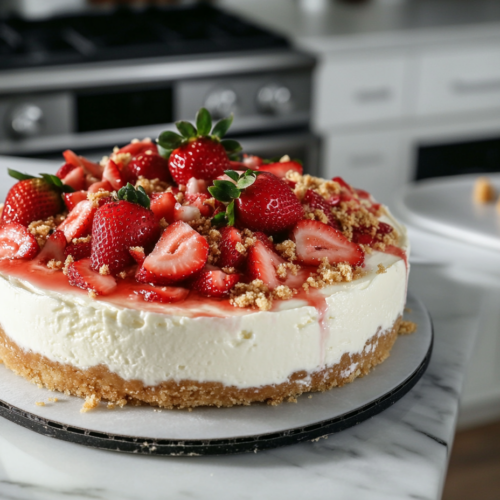 A slice of strawberry crunch cheesecake is served on a dessert plate resting on the white marble cooktop. The distinct layers of Oreo crust, strawberry filling, plain filling, and crumb topping are clearly visible, looking luscious and enticing.