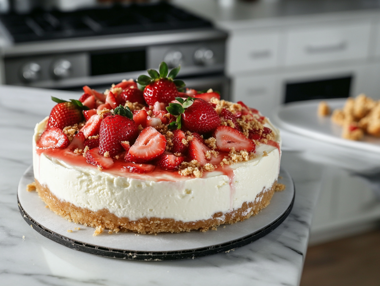 A slice of strawberry crunch cheesecake is served on a dessert plate resting on the white marble cooktop. The distinct layers of Oreo crust, strawberry filling, plain filling, and crumb topping are clearly visible, looking luscious and enticing.