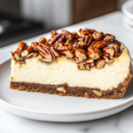 Chilled cheesecake in a springform pan with the brown sugar pecan topping being spooned over the top. A dollop of homemade brown sugar whipped cream is added for decoration