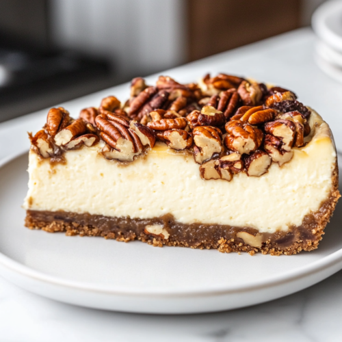 Chilled cheesecake in a springform pan with the brown sugar pecan topping being spooned over the top. A dollop of homemade brown sugar whipped cream is added for decoration