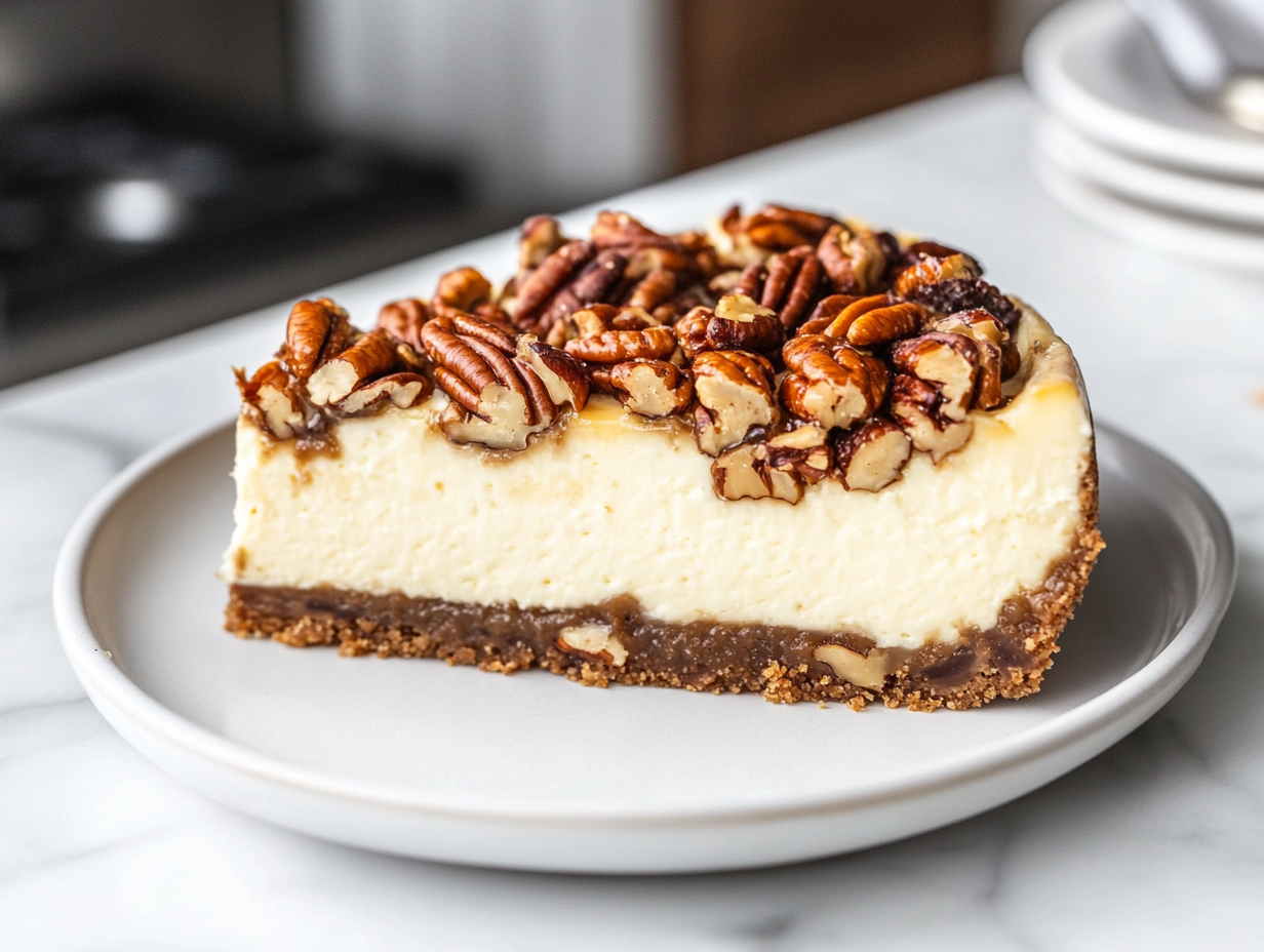 Chilled cheesecake in a springform pan with the brown sugar pecan topping being spooned over the top. A dollop of homemade brown sugar whipped cream is added for decoration