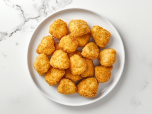 A top-down view of a plate of golden brown keto chicken nuggets arranged neatly on a white ceramic plate, placed on a white marble countertop. The nuggets have a crispy, golden coating, showcasing their crunchy texture and rich, savory appearance. The background is minimal, drawing all focus to the nuggets as the centerpiece.