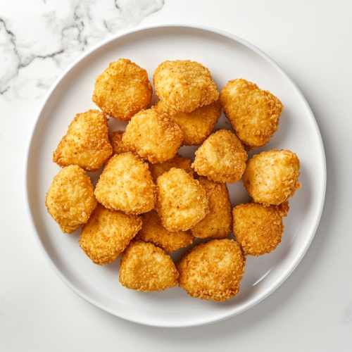 A top-down view of a plate of golden brown keto chicken nuggets arranged neatly on a white ceramic plate, placed on a white marble countertop. The nuggets have a crispy, golden coating, showcasing their crunchy texture and rich, savory appearance. The background is minimal, drawing all focus to the nuggets as the centerpiece.