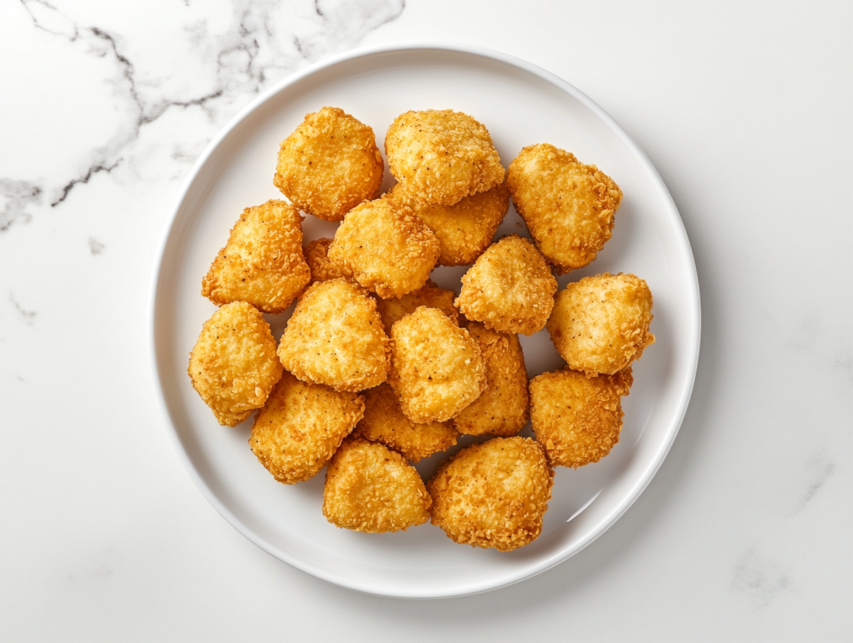 A top-down view of a plate of golden brown keto chicken nuggets arranged neatly on a white ceramic plate, placed on a white marble countertop. The nuggets have a crispy, golden coating, showcasing their crunchy texture and rich, savory appearance. The background is minimal, drawing all focus to the nuggets as the centerpiece.