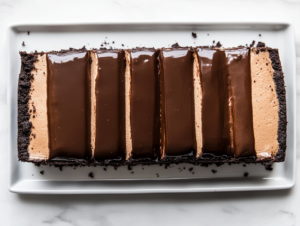 Top-down view of a sliced coffee cheesecake on a white serving platter placed on a white marble countertop. The cheesecake features a glossy chocolate ganache topping, a creamy coffee-infused filling, and a dark Oreo crust, with each layer distinct and perfectly cut. The setup is clean and emphasizes the indulgent dessert.