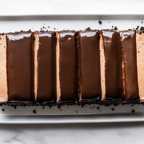 Top-down view of a sliced coffee cheesecake on a white serving platter placed on a white marble countertop. The cheesecake features a glossy chocolate ganache topping, a creamy coffee-infused filling, and a dark Oreo crust, with each layer distinct and perfectly cut. The setup is clean and emphasizes the indulgent dessert.