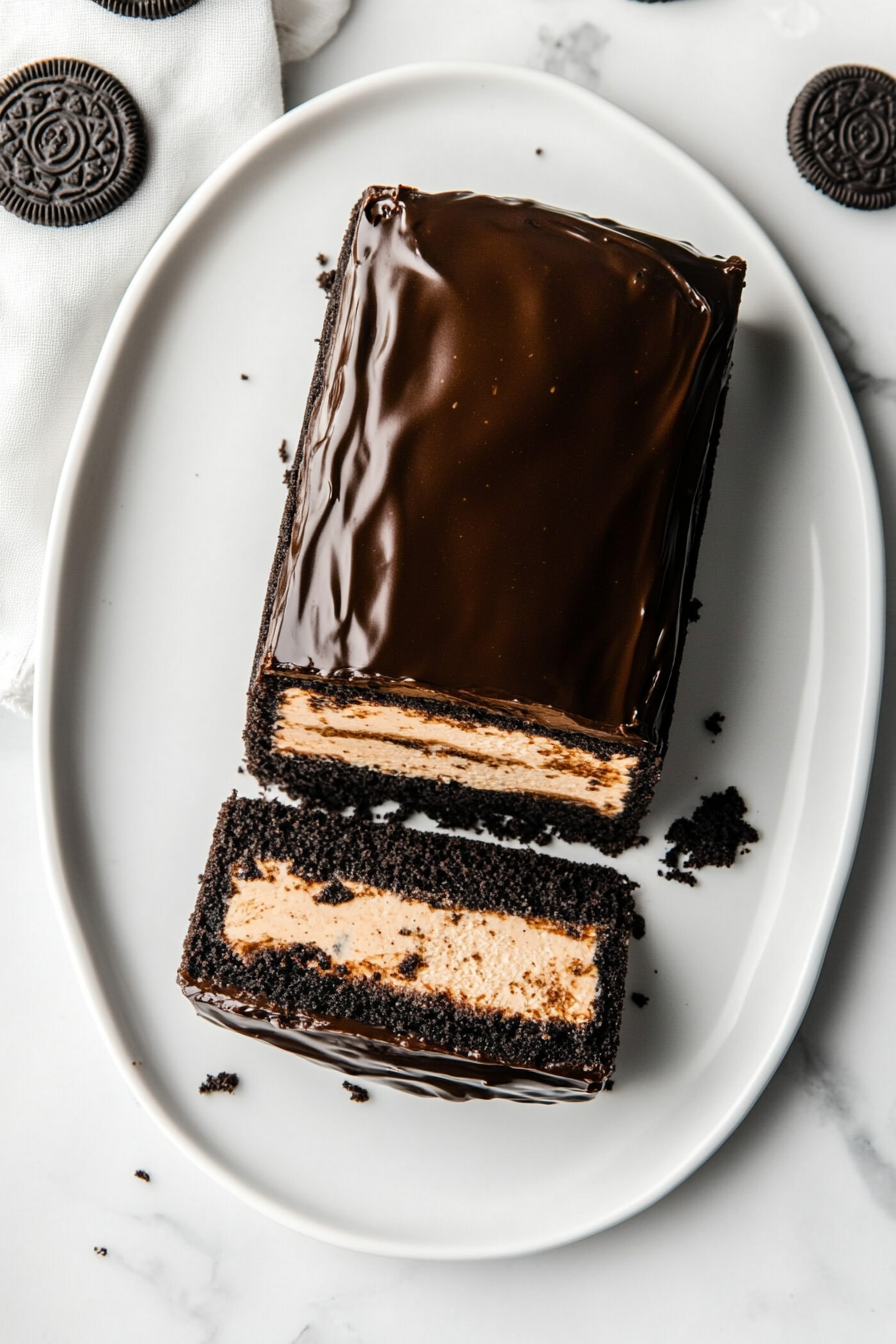 Sliced coffee cheesecake is arranged on a white serving platter, showcasing the distinct layers of glossy ganache, creamy coffee cheesecake filling, and dark Oreo crust. The setup is clean and minimal, emphasizing the dessert’s indulgent presentation on the white marble countertop.