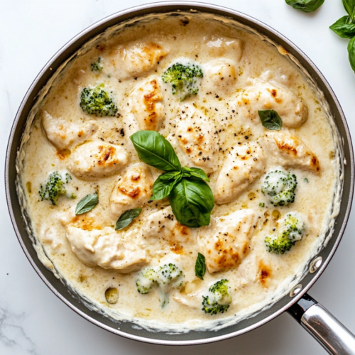 A top-down view of a skillet of keto chicken Alfredo, bubbling with melted mozzarella cheese and garnished with fresh basil. The dish features creamy, golden-browned chicken pieces, vibrant green broccoli, and a smooth, cheesy sauce. The skillet is placed on a white marble cooktop, with a minimal and clean background that draws focus to the rich, comforting meal.