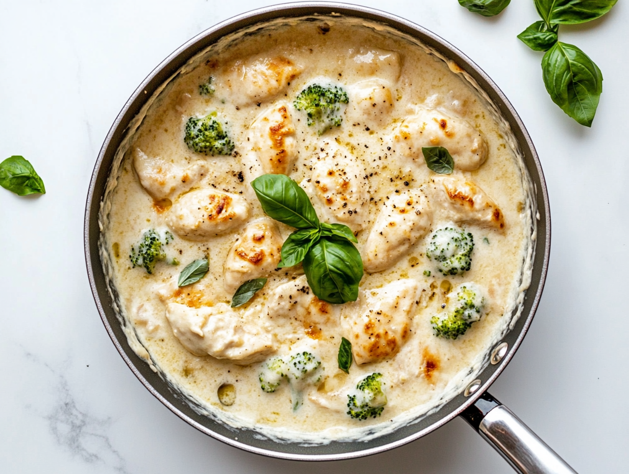 A top-down view of a skillet of keto chicken Alfredo, bubbling with melted mozzarella cheese and garnished with fresh basil. The dish features creamy, golden-browned chicken pieces, vibrant green broccoli, and a smooth, cheesy sauce. The skillet is placed on a white marble cooktop, with a minimal and clean background that draws focus to the rich, comforting meal.