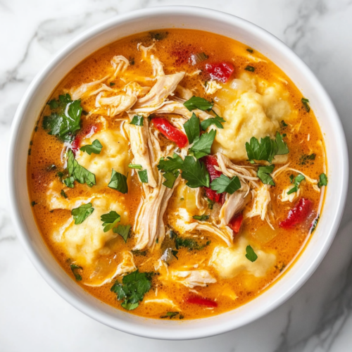 Top-down view of a bowl of keto chicken and dumplings, highlighting tender shredded chicken, vibrant vegetables, and golden dumplings floating in a creamy broth. The dish is garnished with a sprinkle of parsley and placed on a white marble cooktop, focusing on its hearty and comforting appeal.