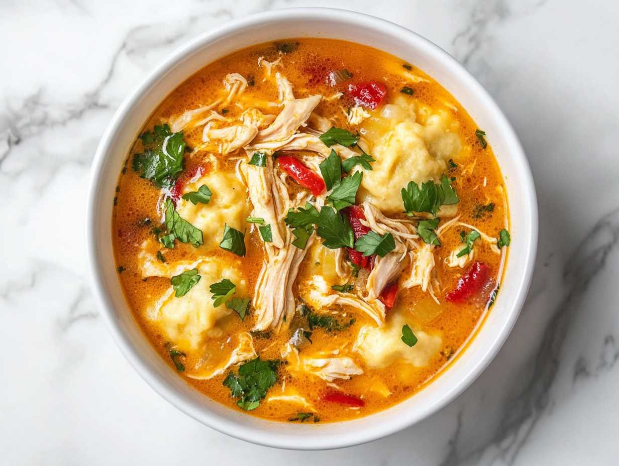 Top-down view of a bowl of keto chicken and dumplings, highlighting tender shredded chicken, vibrant vegetables, and golden dumplings floating in a creamy broth. The dish is garnished with a sprinkle of parsley and placed on a white marble cooktop, focusing on its hearty and comforting appeal.