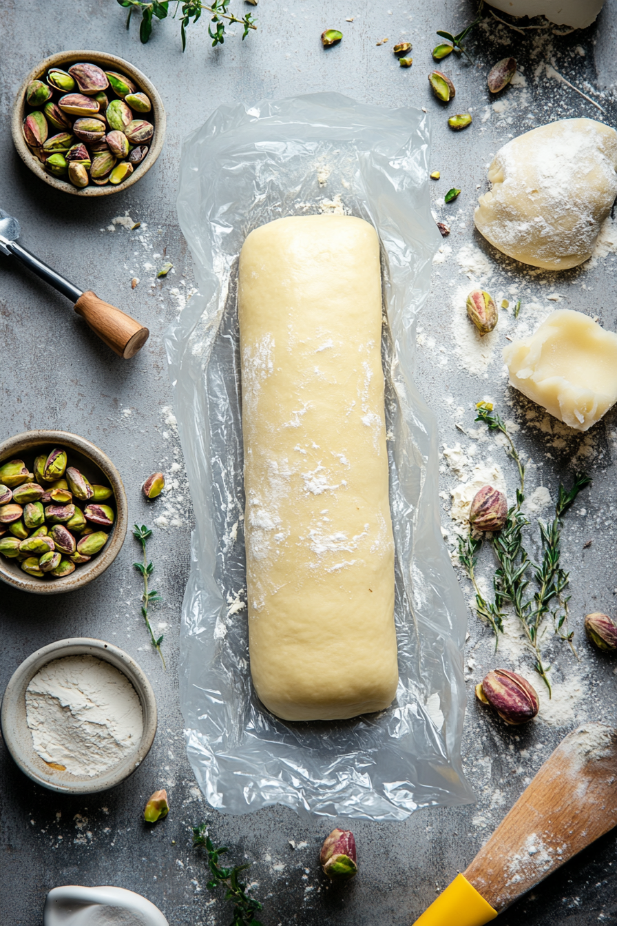 The dough is shaped into a smooth log and wrapped neatly in plastic wrap. Pistachios and baking tools like a rolling pin and measuring cups are scattered artistically on the countertop.