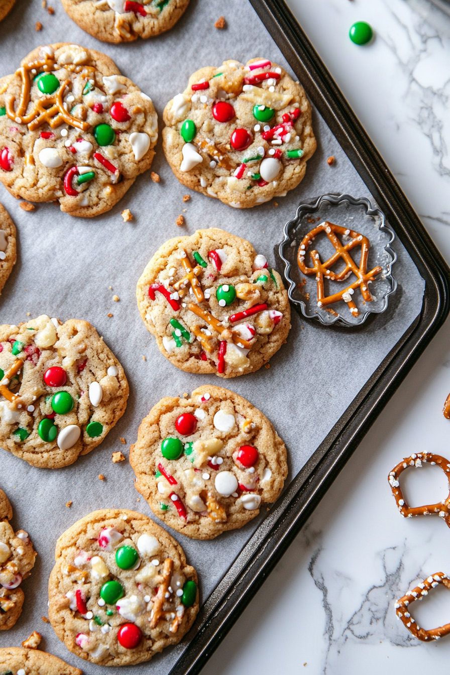 Warm cookies on a baking sheet being shaped into perfect circles using a large circular cookie cutter on the white marble cooktop.