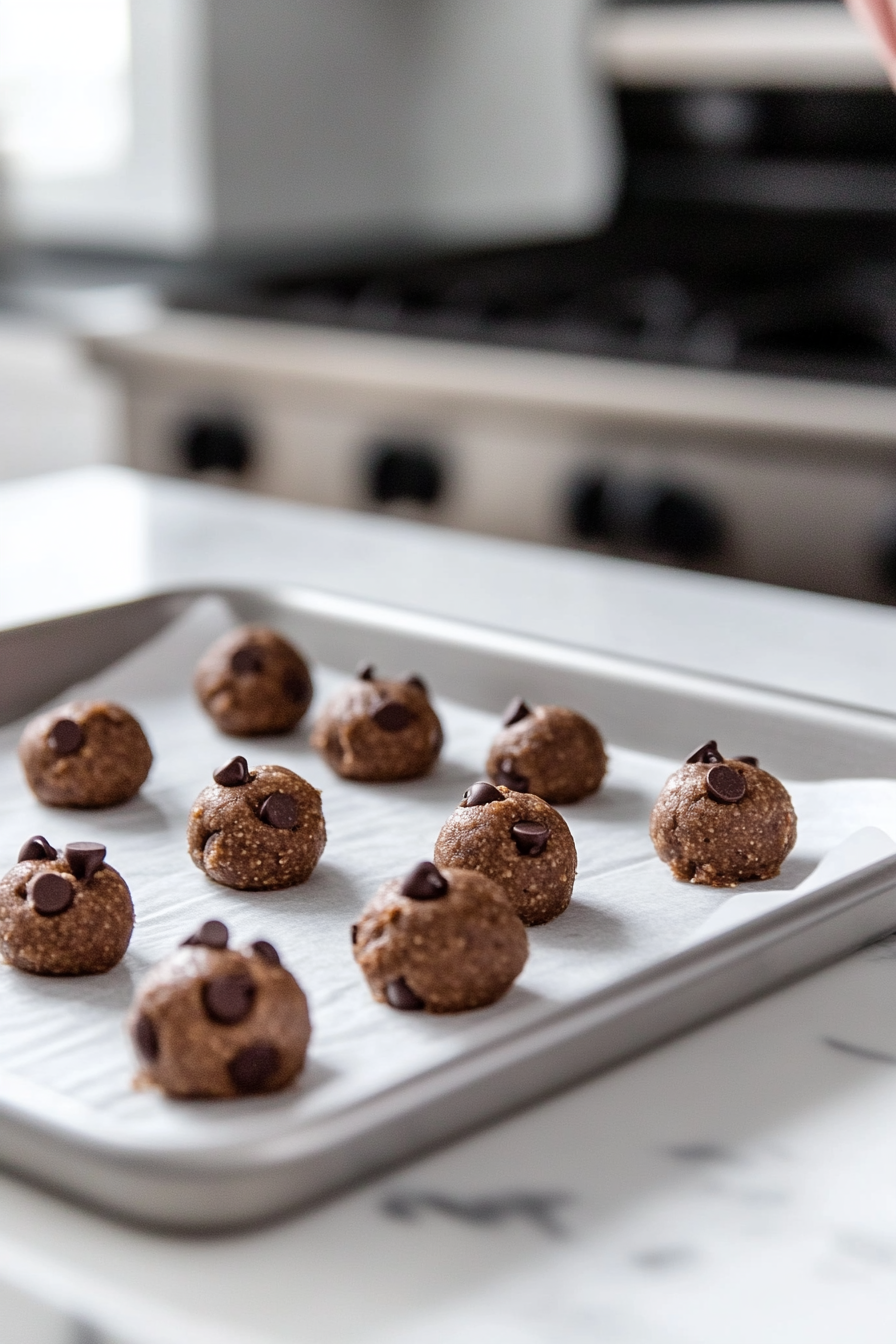 Scooped chocolate cookie dough balls are arranged on a parchment-lined baking sheet over the white marble cooktop. Each ball is topped with extra chocolate chips and lightly flattened.