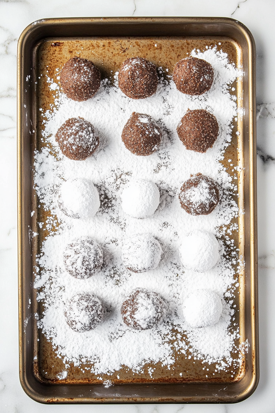 Cookie dough balls are being shaped and rolled, first in granulated sugar and then generously in confectioners' sugar. A baking sheet shows evenly spaced dough balls coated in white sugar.