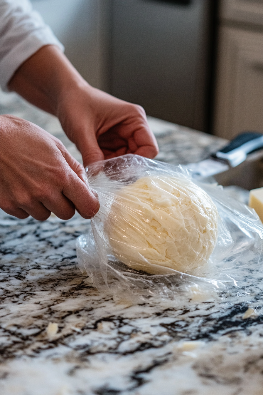 A sheet of plastic wrap spread out on a white marble cooktop with the cheese mixture being spooned onto it and shaped into a smooth ball