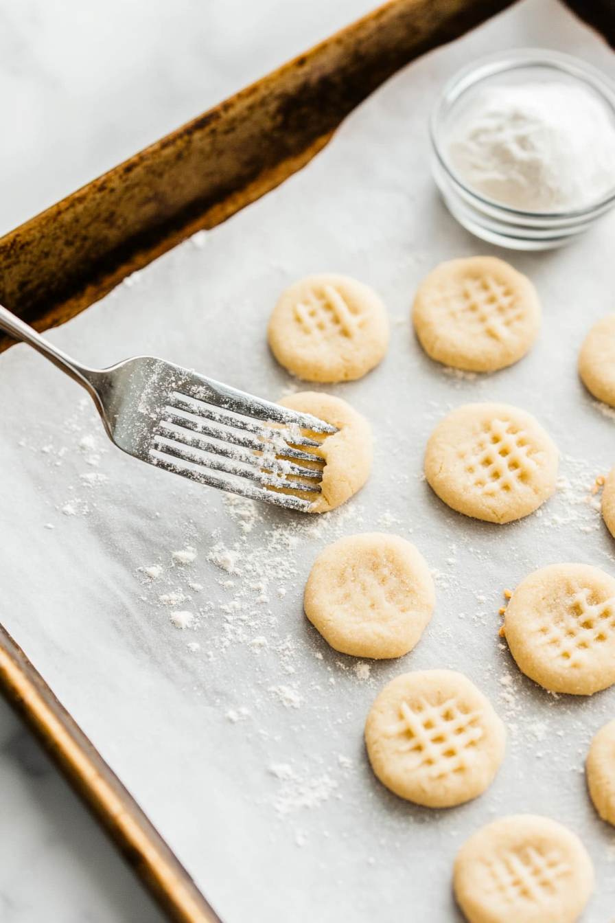 A parchment-lined baking sheet on the white marble cooktop has dough balls flattened into ½-inch disks. A fork is creating a crosshatch pattern on one cookie, while a small bowl of granulated sugar sits nearby for optional dipping.