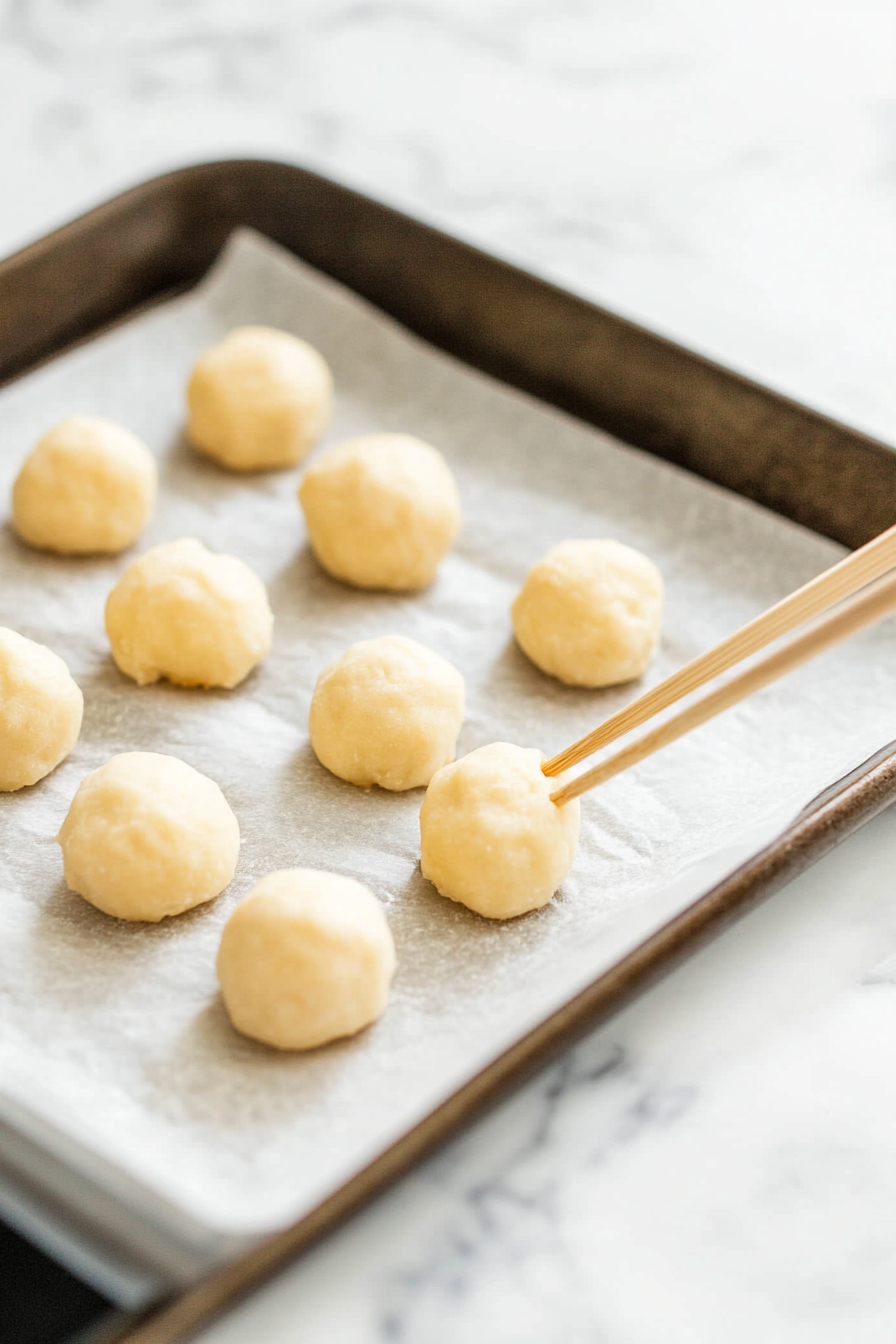 A parchment-lined baking sheet on the white marble cooktop holds neat teaspoon-sized dough balls. A chopstick creates small indentations in the center of each ball, preparing them for filling.