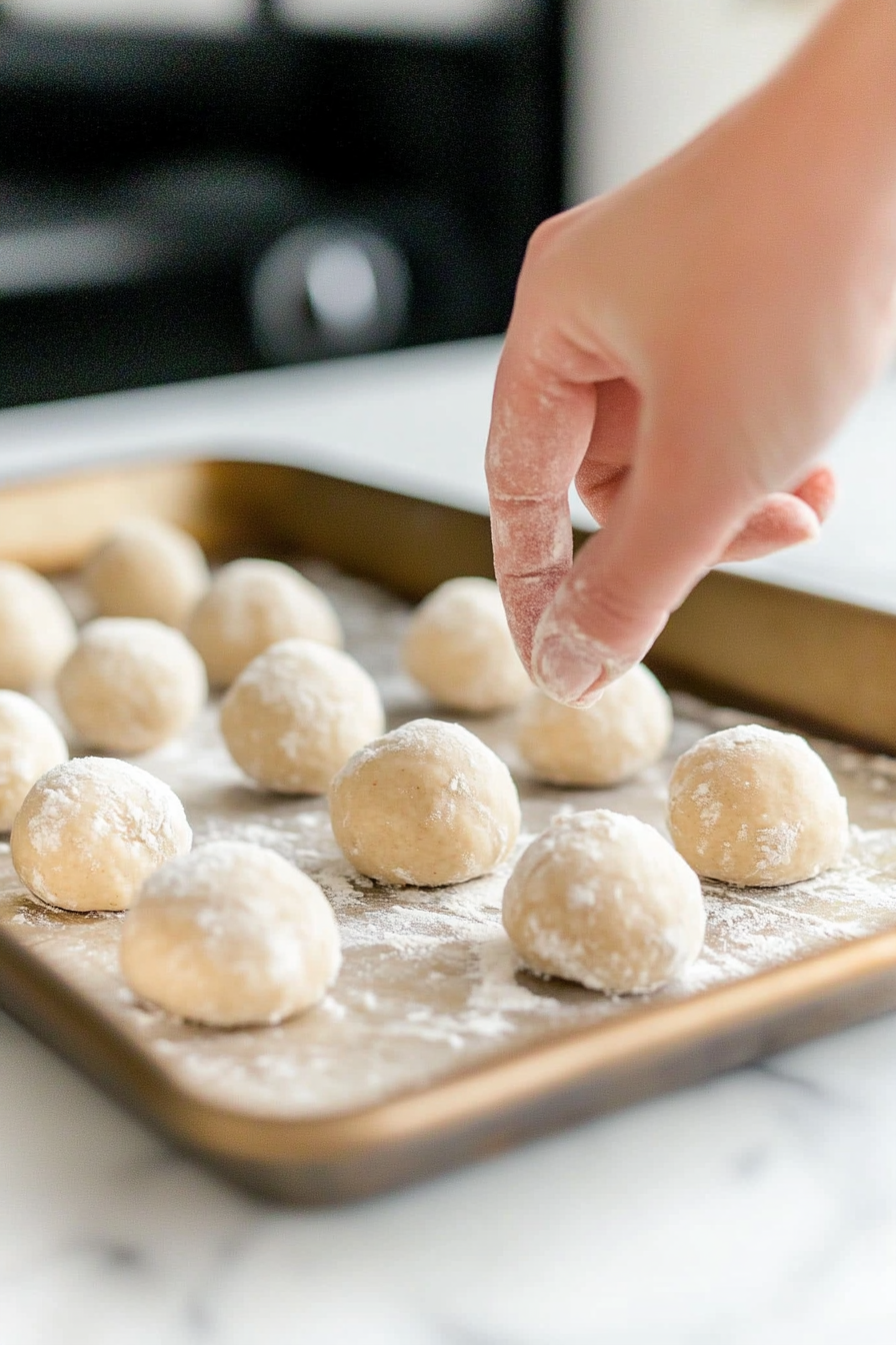 Small 1-inch dough balls being rolled by hand, placed 2 inches apart on an ungreased baking sheet. One ball has an indentation made with a finger."