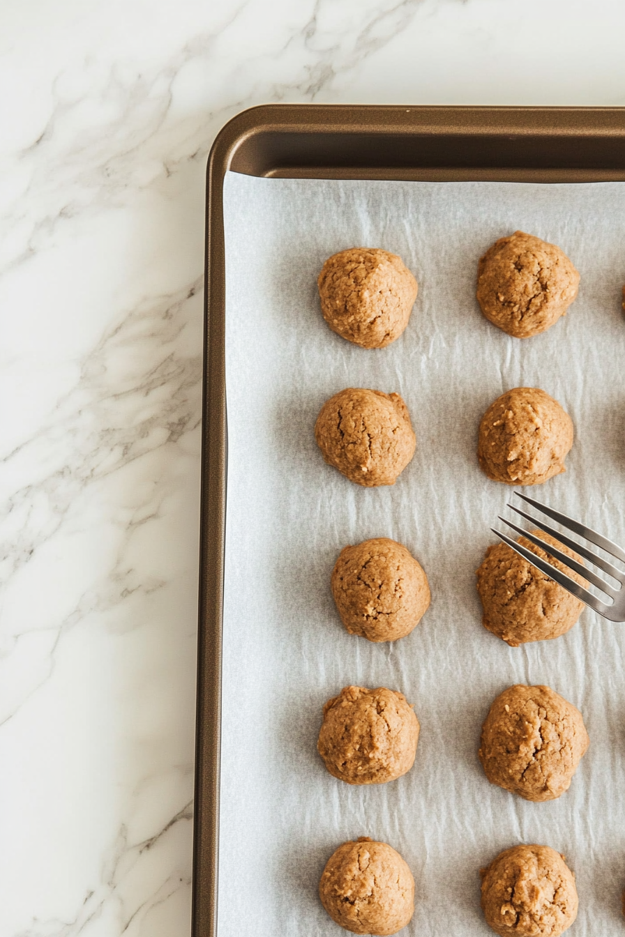 A parchment-lined baking sheet on the white marble cooktop holds evenly spaced 1-inch dough balls. A fork is pressing a criss-cross pattern into one of the cookies, giving it the classic look.