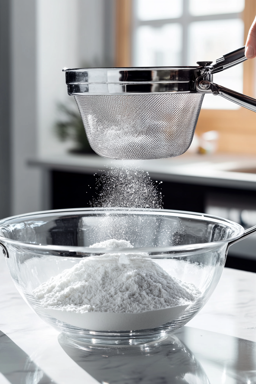 A large glass mixing bowl sits on a white marble cooktop. Flour, baking soda, and salt are being sifted into the bowl using a metal sifter, with a fine powder falling through and forming a light, airy pile inside the bowl.