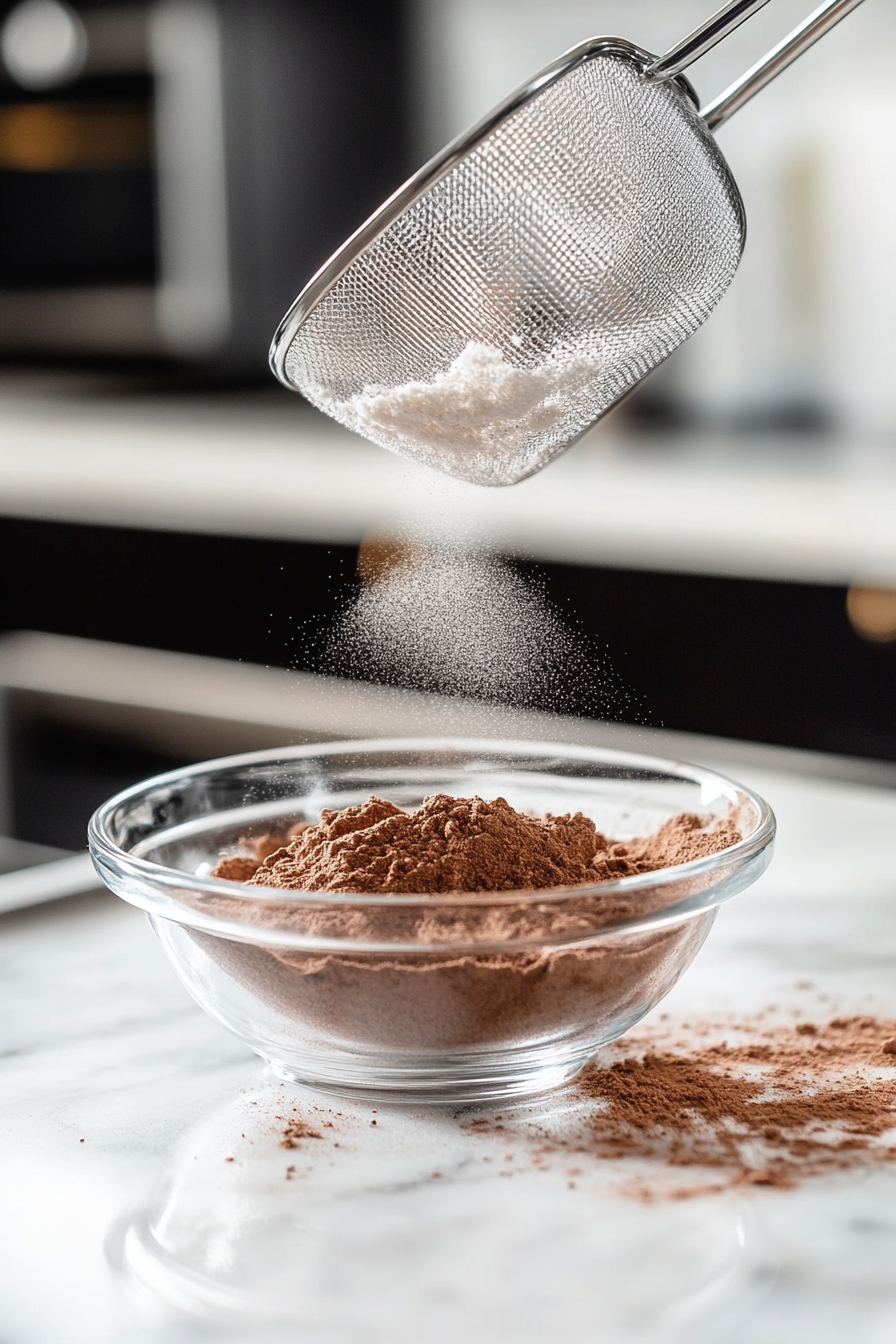 A small glass bowl on the white marble cooktop contains sifted flour, baking soda, salt, cinnamon, and nutmeg. A sieve hovers above the bowl, releasing a fine dusting of spices, blending into an aromatic mixture.