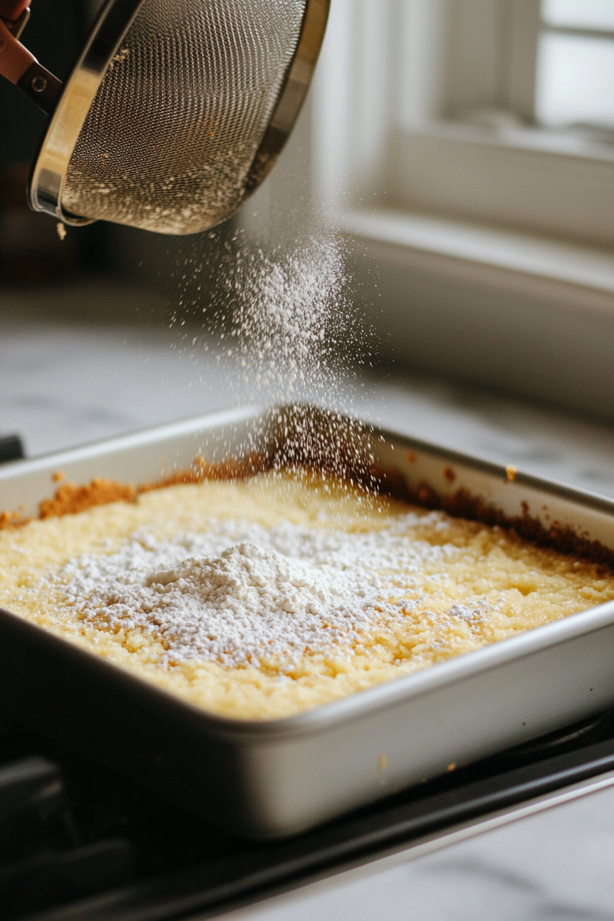 "A hand sifting dry yellow cake mix evenly over the fruit mixture in the baking pan, with a fine layer covering the top.