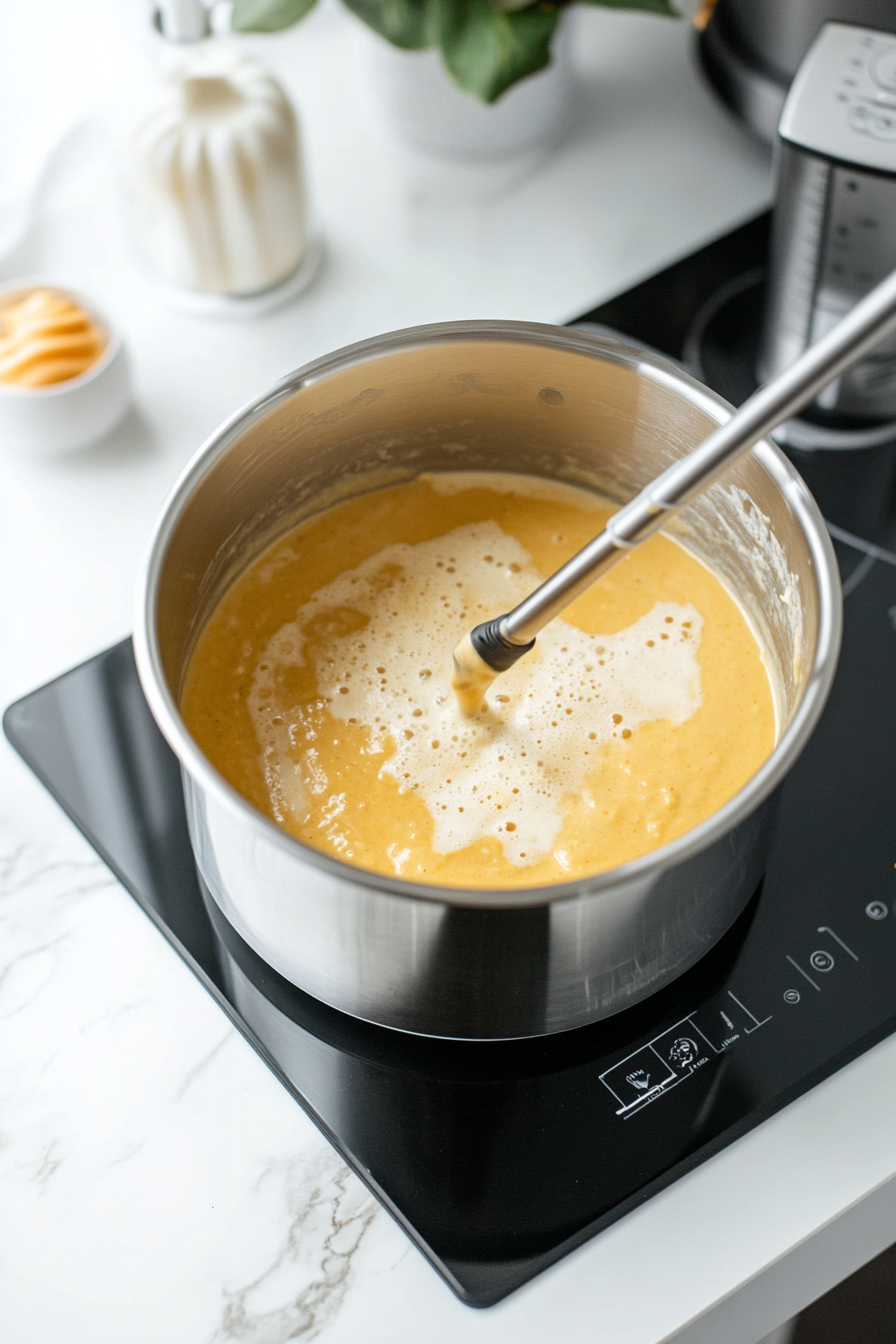 The soup pot on the white marble cooktop simmers gently with the lid on. Bubbles rise from the surface, and a timer sits in the background.