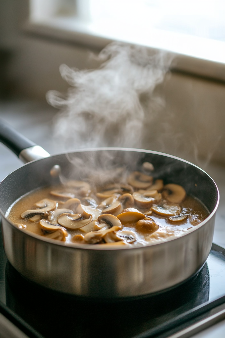 "Illustrate the saucepan on the white marble cooktop filled with chicken stock, simmering gently. Steam rises from the bubbling soup, with pieces of mushrooms floating on the surface, creating a hearty visual.