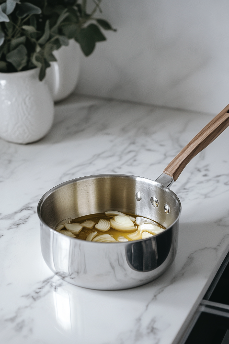 Illustrate the saucepan on the white marble cooktop, with golden onions, minced garlic, white wine, thyme sprigs, and bay leaves gently simmering. Steam rises from the fragrant mixture, which is slightly reduced.