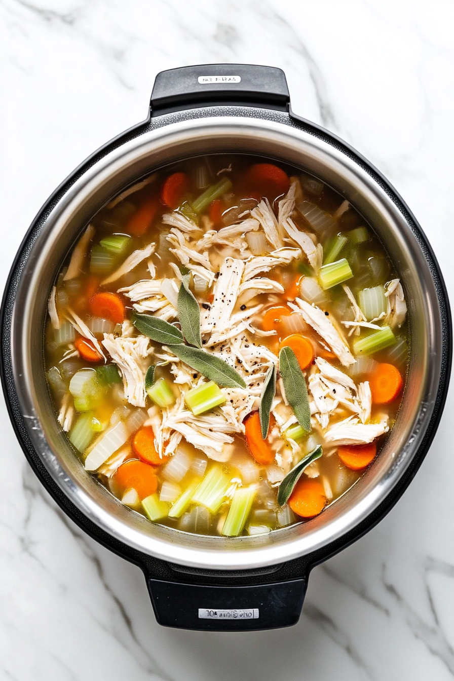 The deep pot on the white marble cooktop is now covered, with a slight rise of steam indicating the soup is simmering. The simple, minimal setup focuses on the ongoing cooking process.