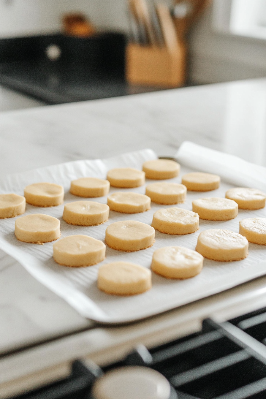 The chilled dough log is sliced into even 1/2-inch rounds with a sharp knife. The slices are arranged in neat rows on the parchment-lined baking tray, perfectly spaced for baking.