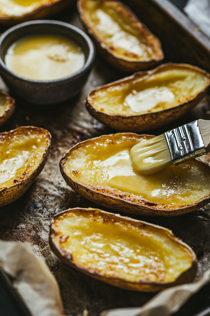 Six potato halves laid out on a cutting board. A spoon carefully scoops out the fluffy interior of one, leaving a neat ¼-inch layer of potato inside the skin. The collected potato flesh is in a bowl off to the side