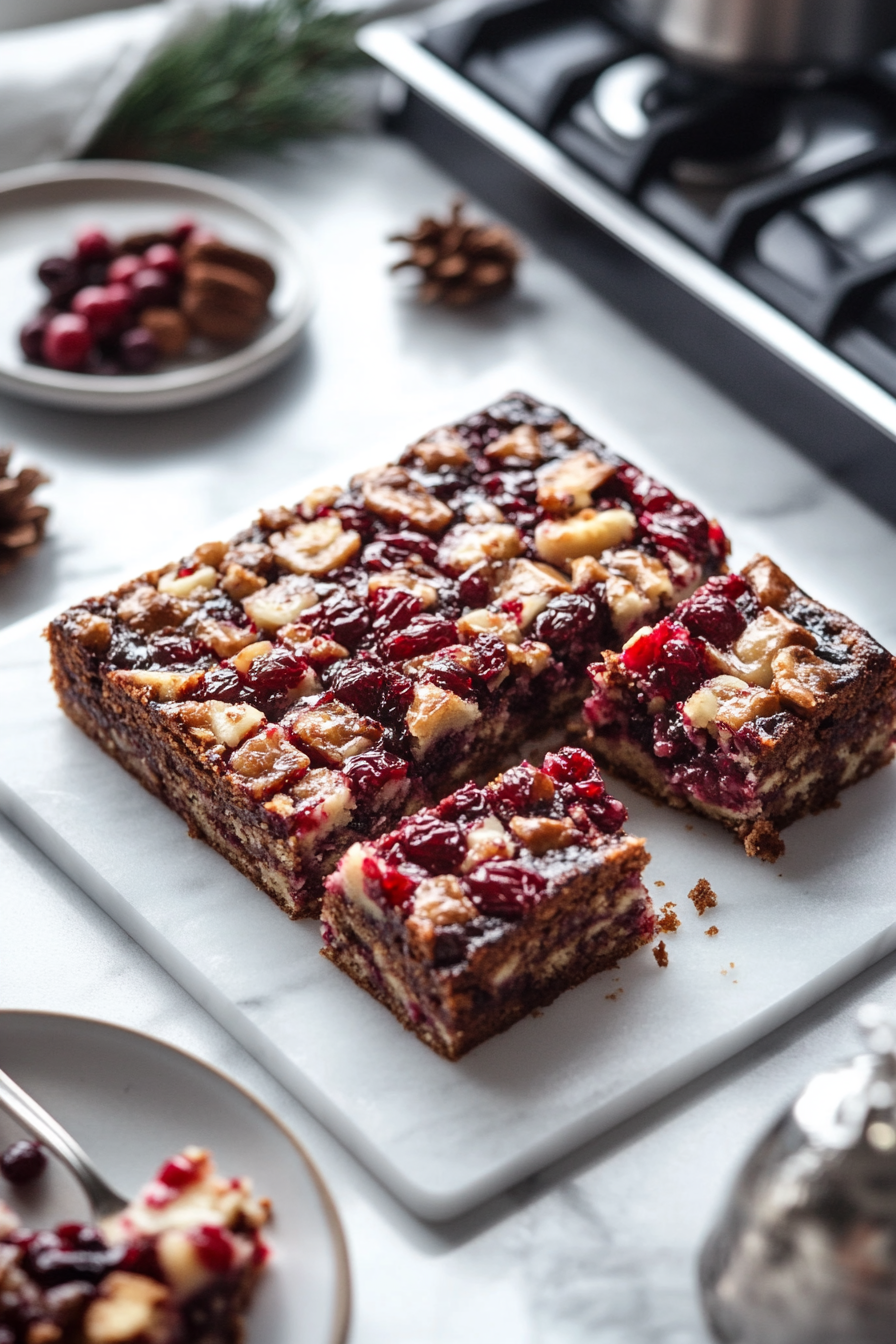 The cooled cake is sliced into neat squares on the white marble cooktop. A plate nearby holds a few pieces, ready to be served and enjoyed.