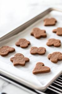 Cookie shapes on a parchment-lined baking sheet going into the oven. The oven door is slightly open, with a timer visible. After baking, the cookies are cooling on the sheet before serving