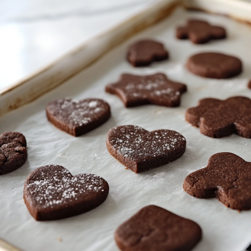 Cookie shapes on a parchment-lined baking sheet going into the oven. The oven door is slightly open, with a timer visible. After baking, the cookies are cooling on the sheet before serving