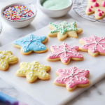 Show the cooled cookies being decorated with colorful royal icing and sprinkles on the white marble cooktop. A piping bag and bowls of icing in festive colors are arranged nearby, adding vibrant energy to the scene