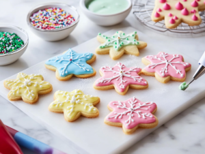 Show the cooled cookies being decorated with colorful royal icing and sprinkles on the white marble cooktop. A piping bag and bowls of icing in festive colors are arranged nearby, adding vibrant energy to the scene