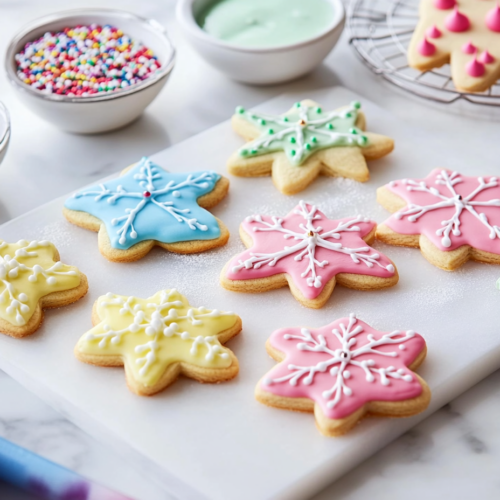 Show the cooled cookies being decorated with colorful royal icing and sprinkles on the white marble cooktop. A piping bag and bowls of icing in festive colors are arranged nearby, adding vibrant energy to the scene