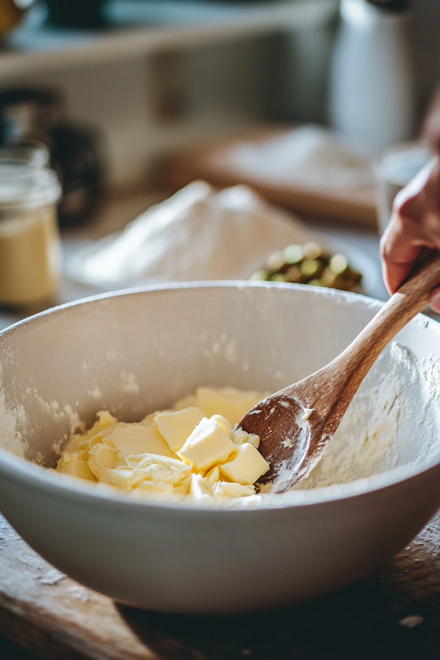 .A mixing bowl sits on a cozy kitchen counter, with softened butter being stirred with a rustic wooden spoon. In the background, vibrant green pistachios and a jar of flour hint at the recipe to come