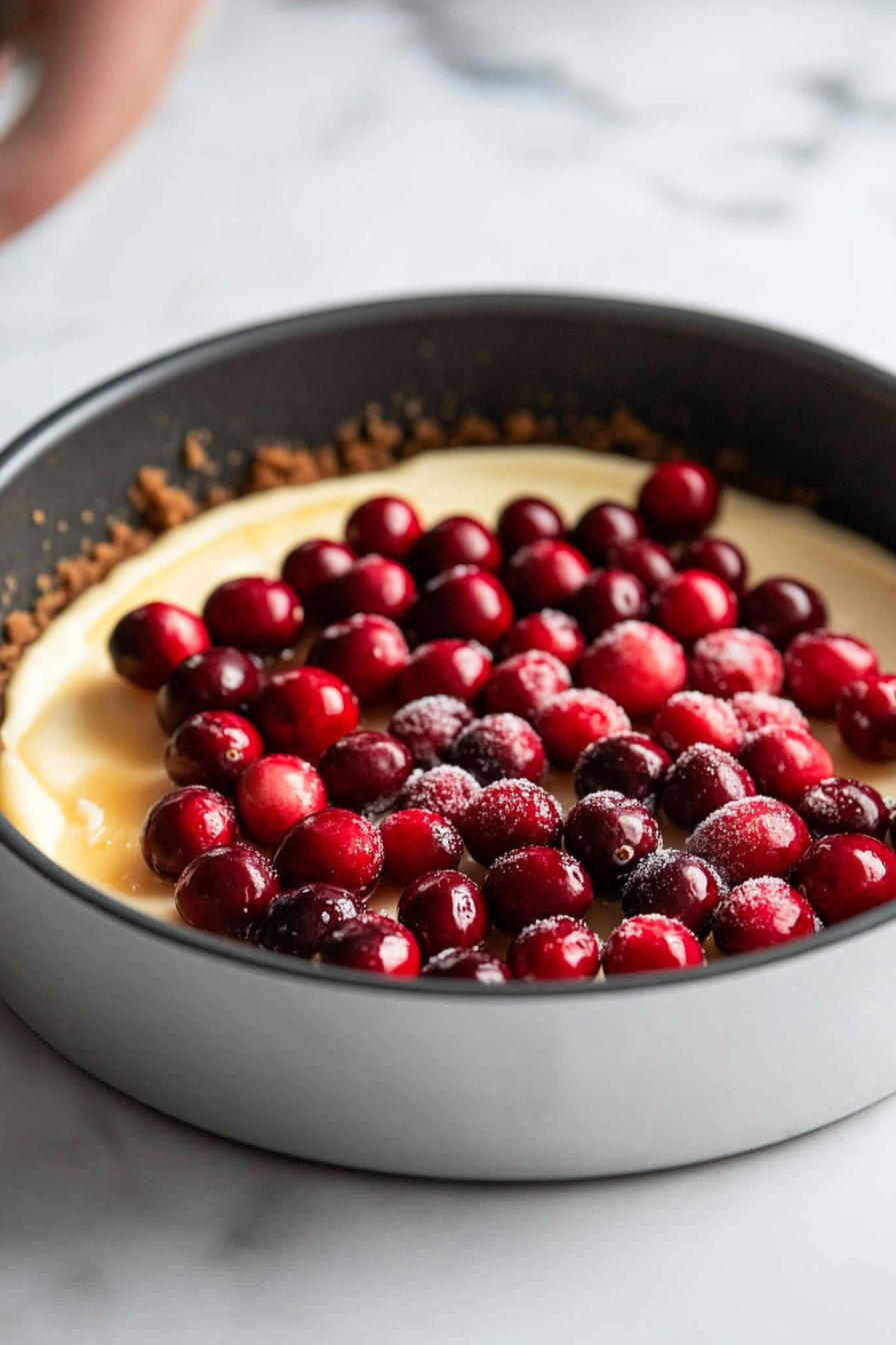 The smooth batter is being spooned and evenly spread over the cranberries in the springform pan. The cake batter covers the fruit, with the white marble cooktop in the background.