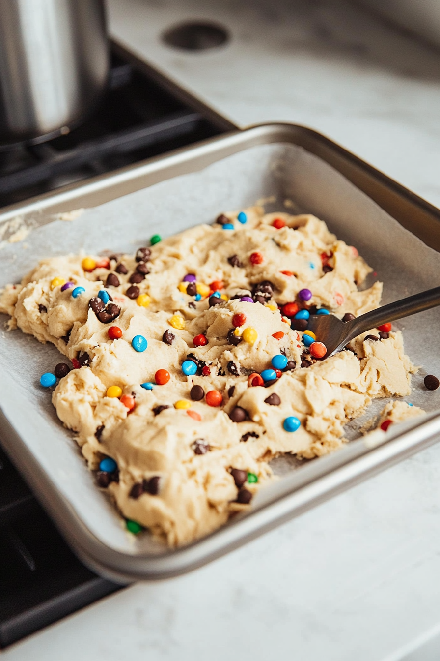 Cookie dough is evenly spread into a parchment-lined 9x13-inch baking pan. Extra M&Ms and sprinkles are added on top for decoration, ready for baking.