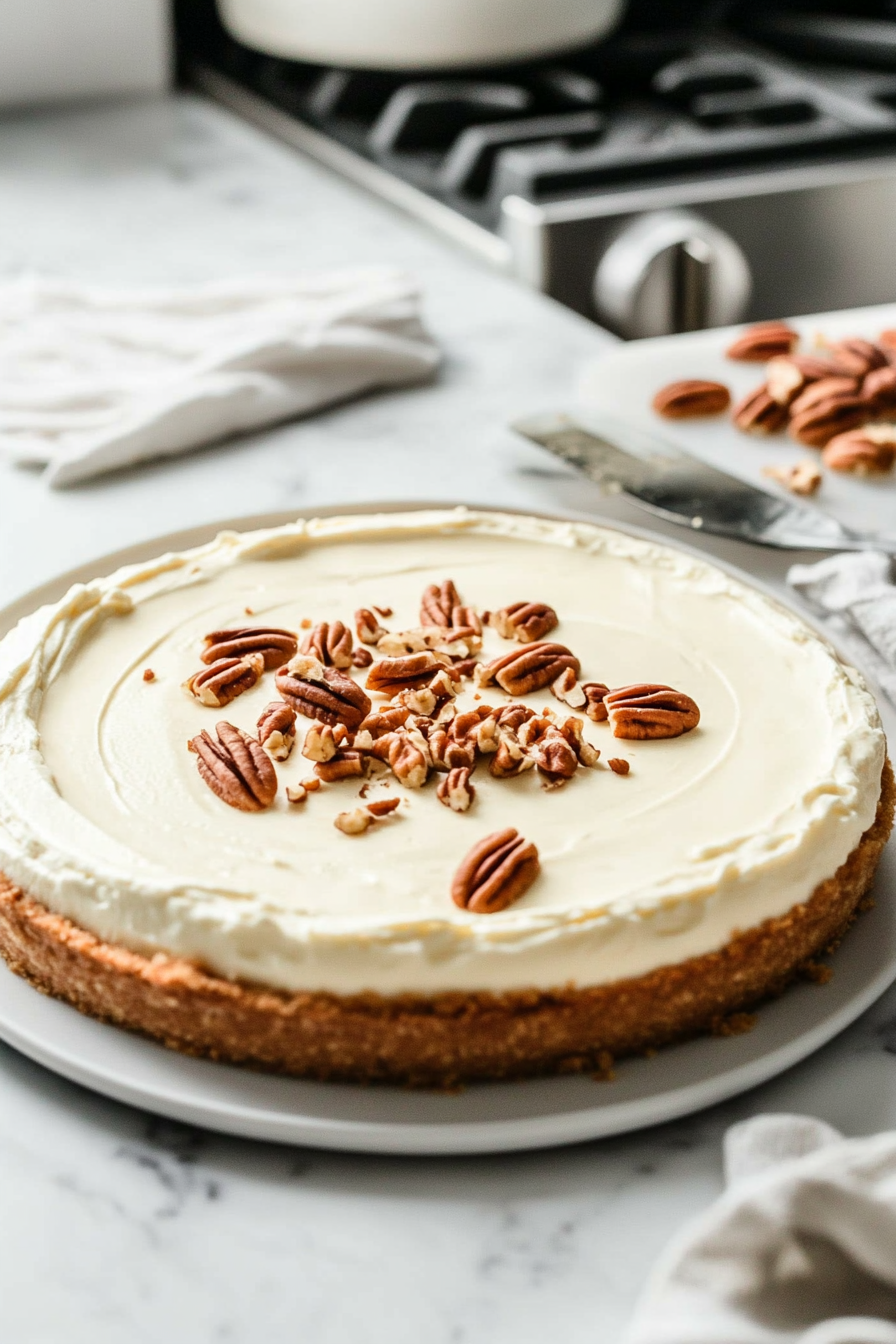 The cheesecake is cooling on the counter as sour cream topping is being spread evenly over it. Chopped pecans are being sprinkled on top as a garnish, with the white marble cooktop visible in the background.