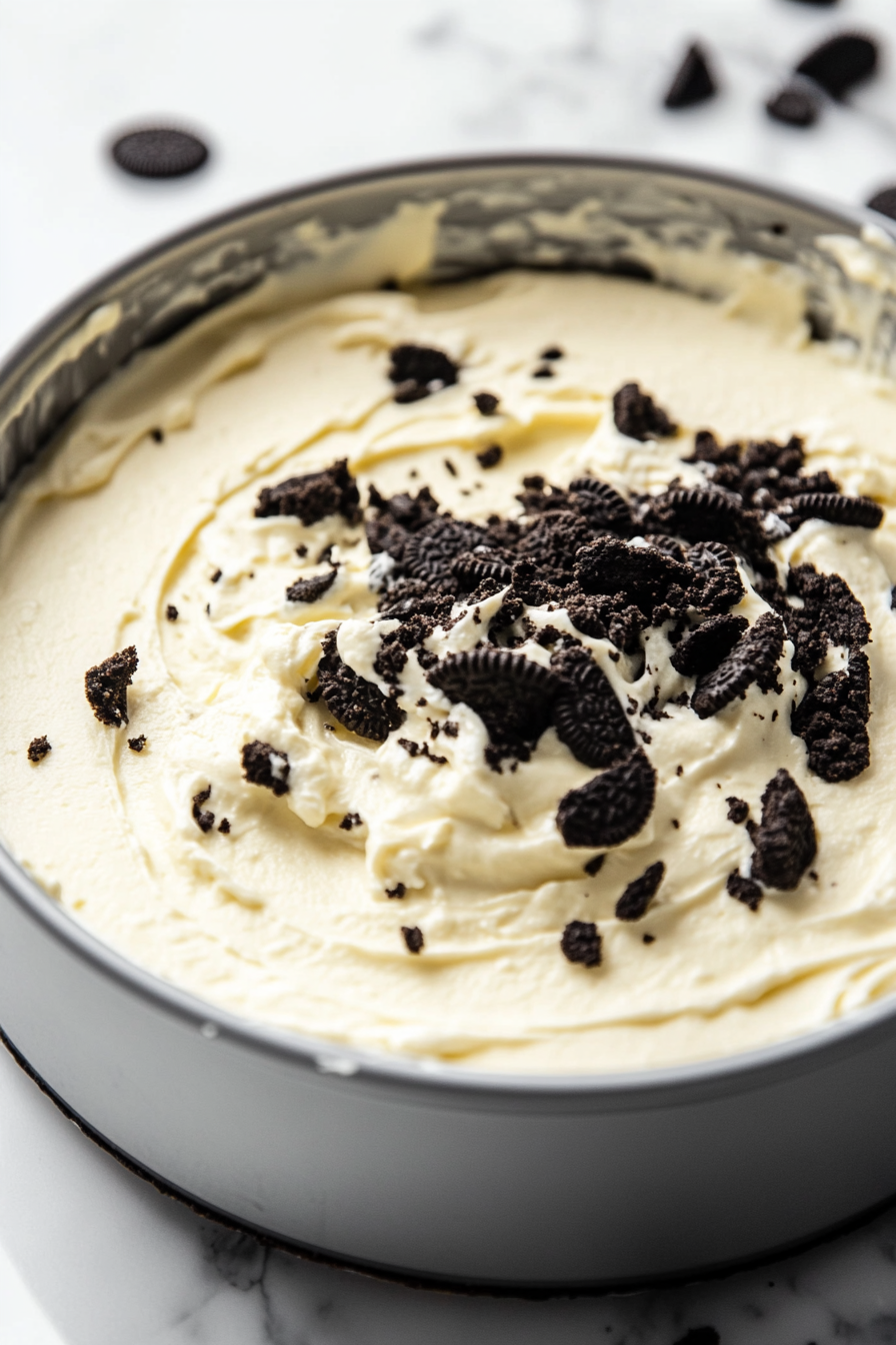 The creamy cheesecake filling is being spread evenly into the chilled Oreo crust inside the springform pan. The filling is smooth and rich, filling the pan completely, with the crust edges visible.