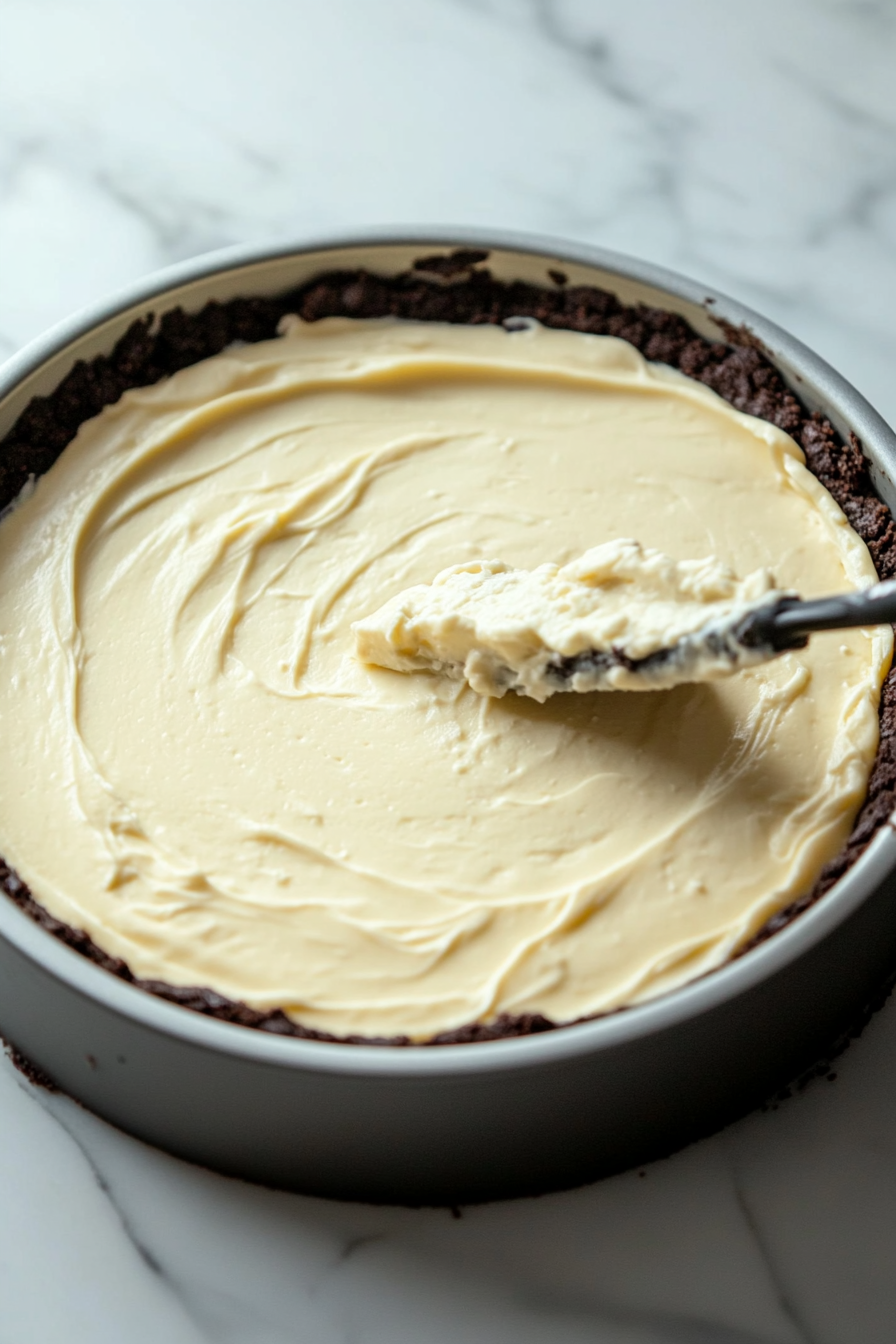 The creamy cheesecake filling is being spread evenly into the prepared Oreo crust in the springform pan, sitting on the white marble cooktop. A spatula ensures the filling is level and smooth. The pan is now ready to be chilled in the refrigerator.