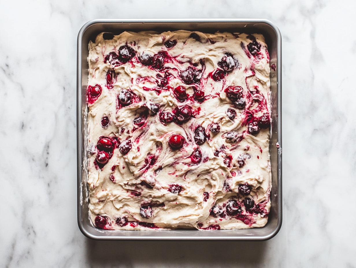 The batter is spread evenly into a greased 9×13-inch pan on the white marble cooktop, ready to go into the preheated oven.