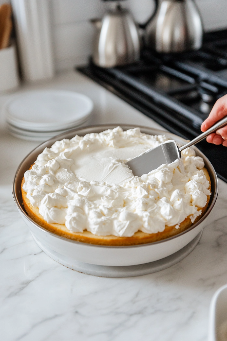 Whipped topping is evenly spread over the chilled cake on the white marble cooktop using an offset spatula. The cake is ready for garnish.