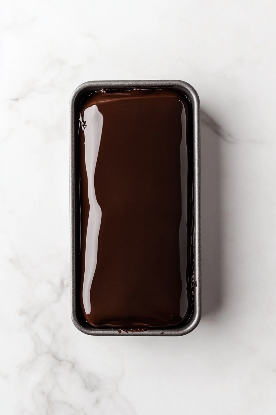 The coffee cheesecake in the loaf pan is now topped with a smooth, glossy layer of dark ganache. The ganache is evenly spread, creating a sleek finish. The loaf pan remains on the white marble countertop for consistency.