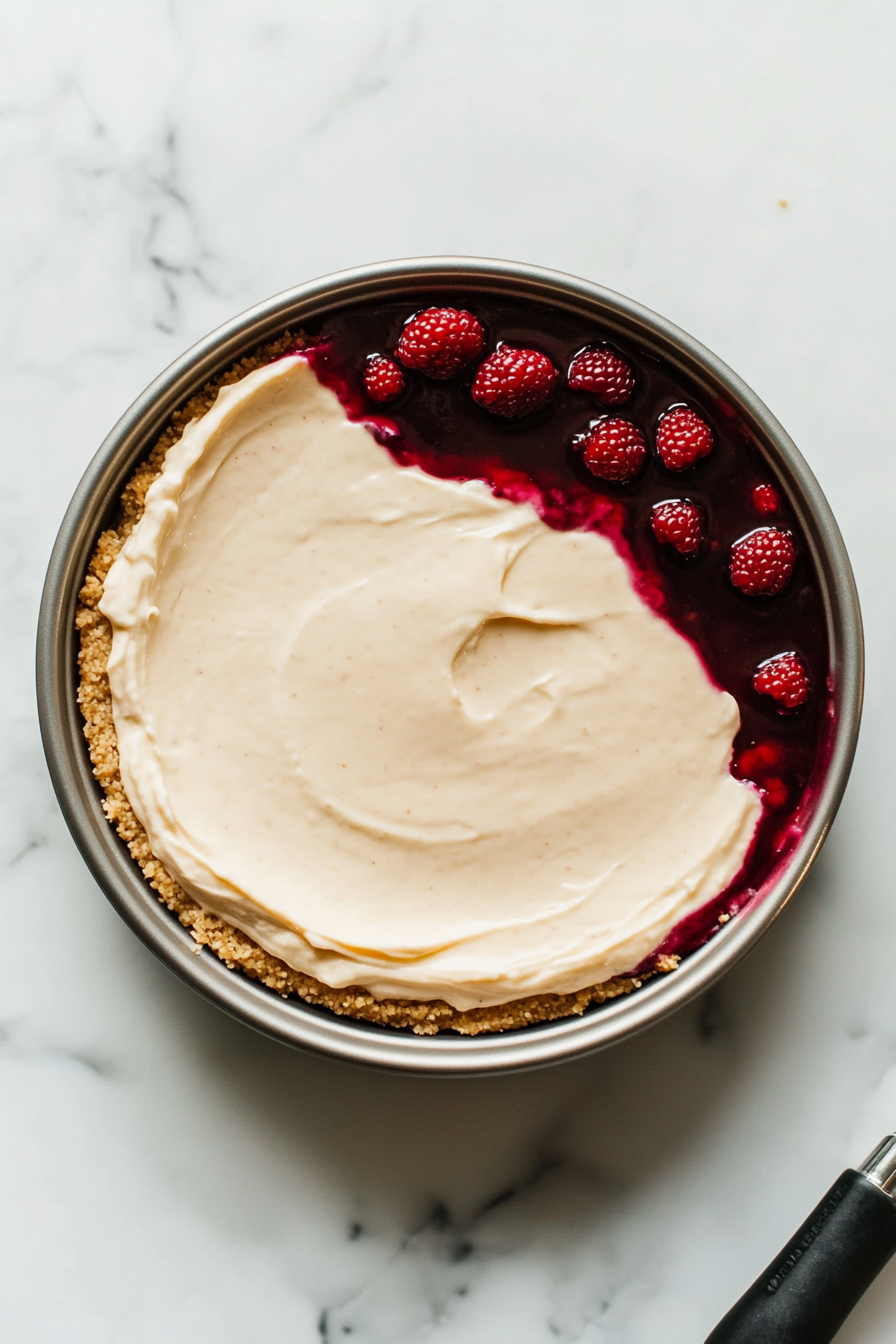 Springform pan filled with cream cheese and berry mixture, being spread evenly over the graham cracker crust using a spatula