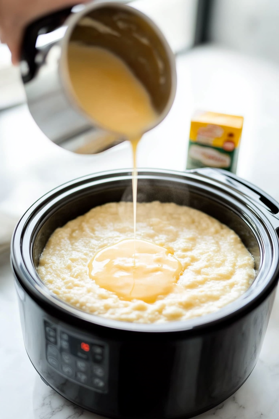 The slow cooker is shown with an even layer of Apple Cinnamon muffin mix spread over the apple pie filling. An empty muffin mix packet lies nearby